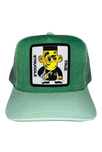 Load image into Gallery viewer, Mint green/kelly green snapback cap/Mesh mint back with black and yellow logo character embroidered on front center
