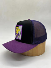 Load image into Gallery viewer, Black &amp; Purple snapback cap/Mesh purple back with yellow and purple logo character embroidered on front center
