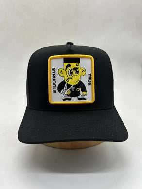 Black SnapBack cap/Mesh black back with yellow and black logo character embroidered on front center