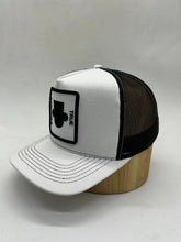 Load image into Gallery viewer, White/Black snapback cap/Mesh Black back with Black silhouette logo character face only embroidered on front center
