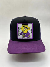 Load image into Gallery viewer, Black &amp; Purple snapback cap/Mesh purple back with yellow and purple logo character embroidered on front center
