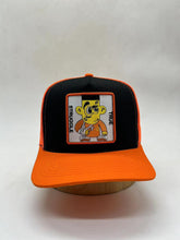 Load image into Gallery viewer, Orange/Black snapback cap/Mesh Orange back with yellow and orange logo character embroidered on front center

