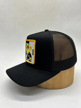 Load image into Gallery viewer, Black SnapBack cap/Mesh black back with yellow and black logo character embroidered on front center
