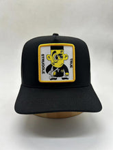 Load image into Gallery viewer, Black SnapBack cap/Mesh black back with yellow and black logo character embroidered on front center
