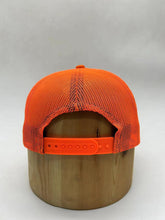 Load image into Gallery viewer, Orange/Black snapback cap/Mesh Orange back with yellow and orange logo character embroidered on front center
